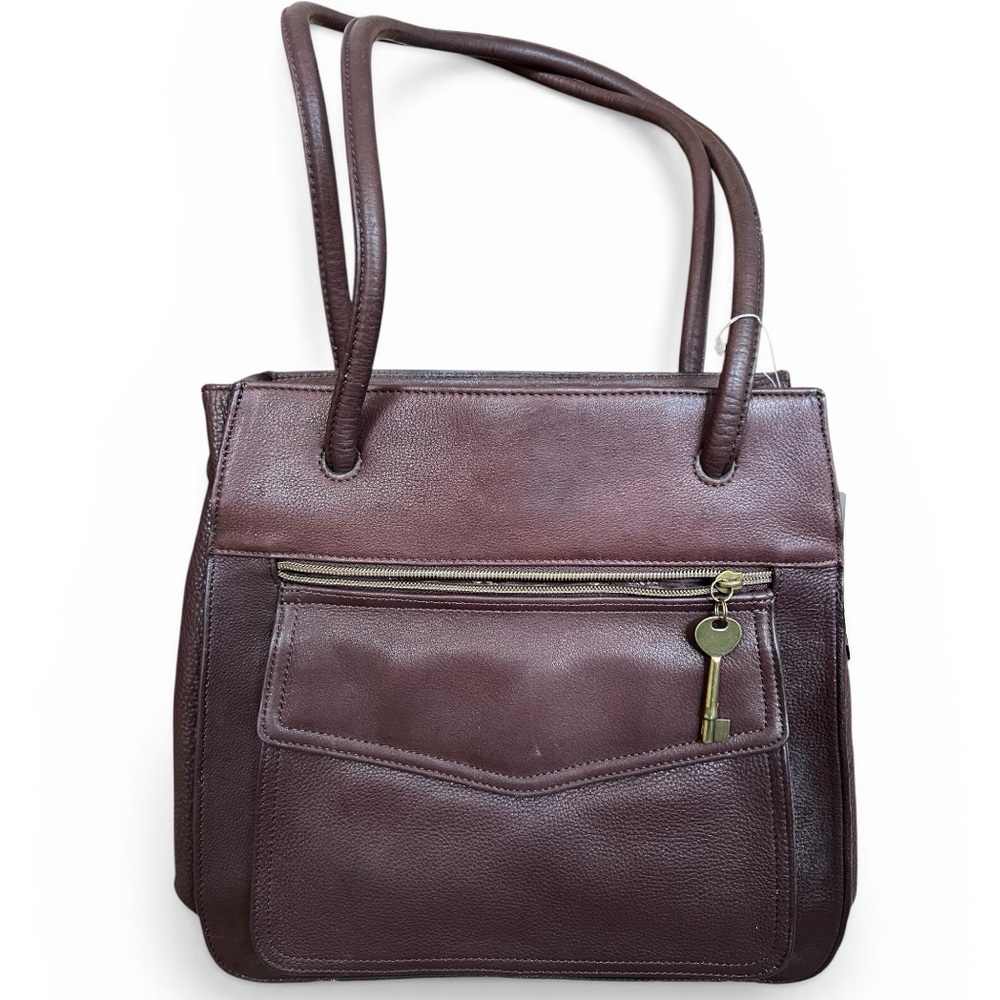 Fossil Vintage 1954 Brown Pebbled Leather Shoulder Tote Bag Key Charm NWT